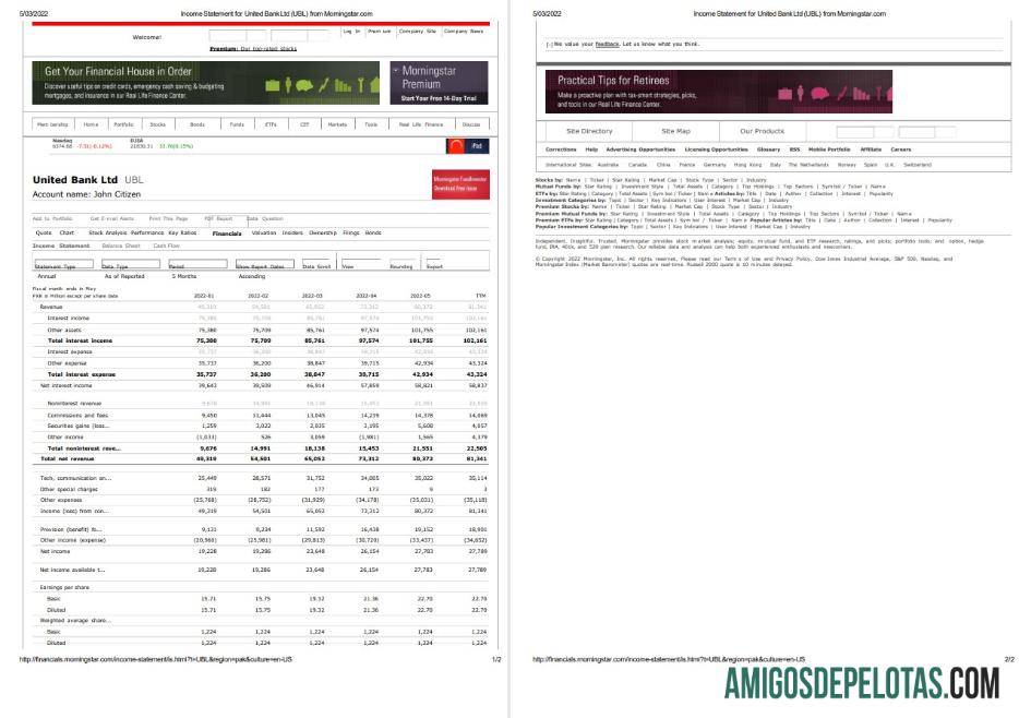 extrato bancário para impressão do Reino Unido United Bank Ltd (UBL), modelo Word e PDF, 2 páginas